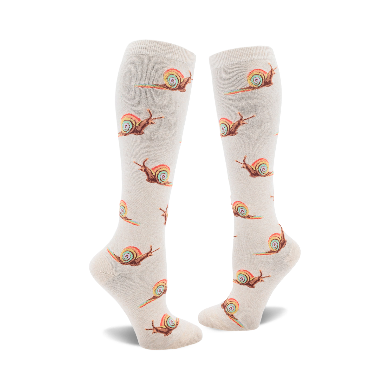Pair of cream-colored knee-high socks adorned with a repeating pattern of brown snails leaving rainbow trails.