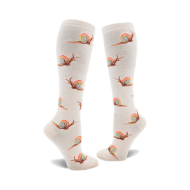 socks that are white with a pattern of snails with rainbow shells.