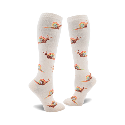 socks that are white with a pattern of snails with rainbow shells.