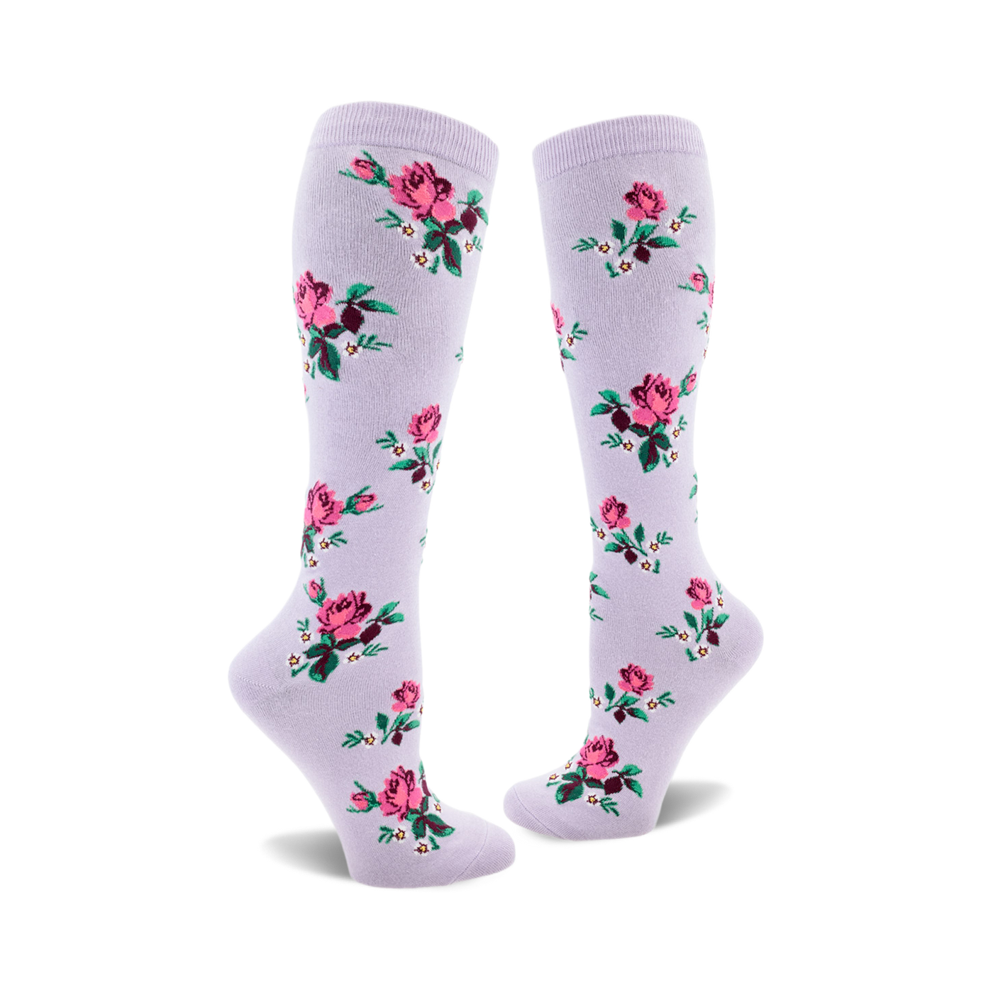 Pair of lavender knee-high socks adorned with a pattern of pink roses, green leaves, and tiny white flowers.