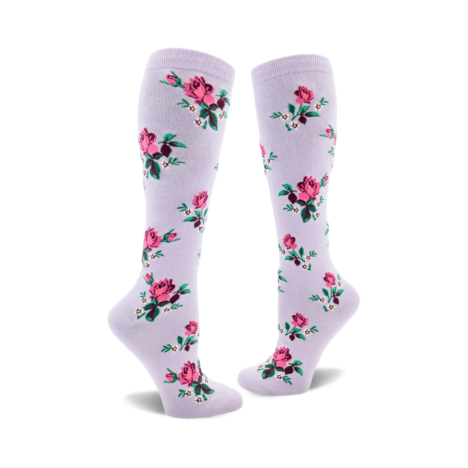 Pair of lavender knee-high socks adorned with a pattern of pink roses, green leaves, and tiny white flowers.