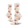 Pair of beige crew socks with repeating pattern of brown snails leaving rainbow trails. Fun, whimsical design.