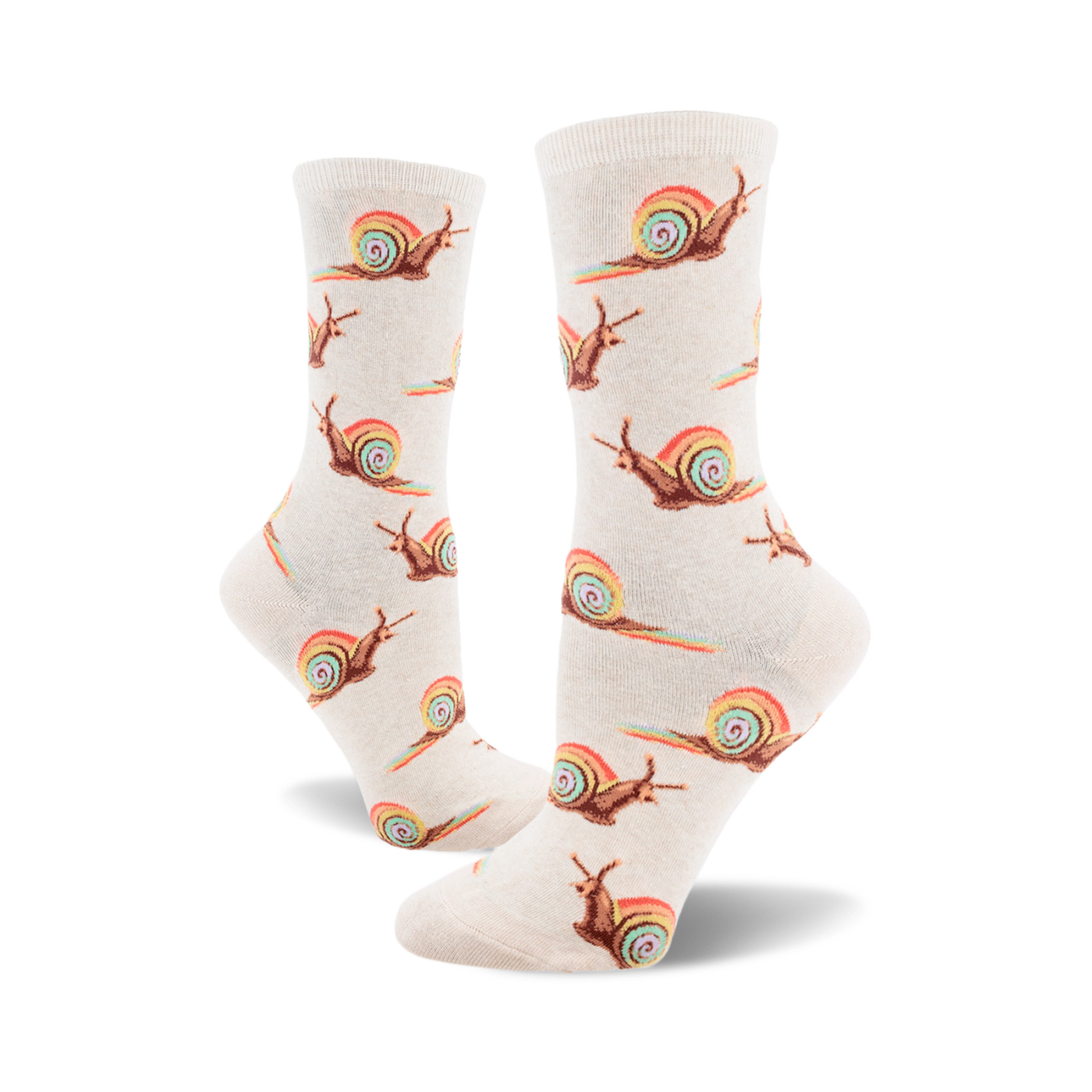 Pair of beige crew socks with repeating pattern of brown snails leaving rainbow trails. Fun, whimsical design.