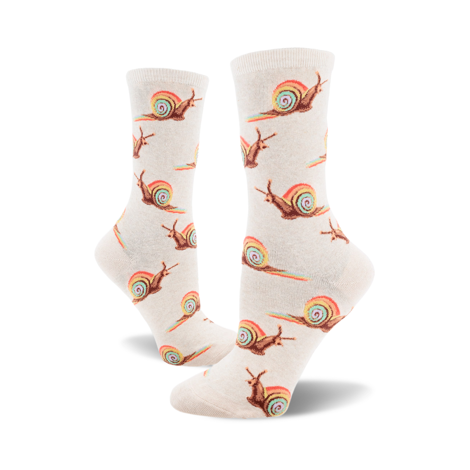 Pair of beige crew socks with repeating pattern of brown snails leaving rainbow trails. Fun, whimsical design.