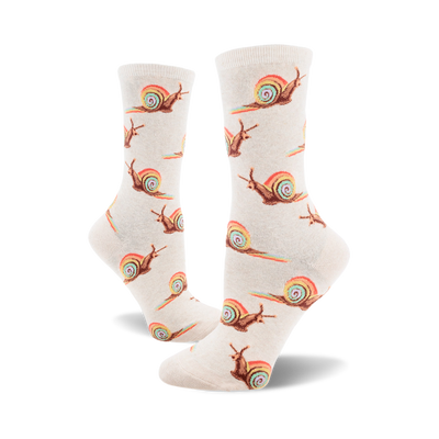 socks that are white with a pattern of snails with rainbow shells.