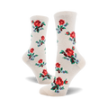Cream crew socks with a repeating pattern of red roses, green leaves, and tiny blue flowers.
