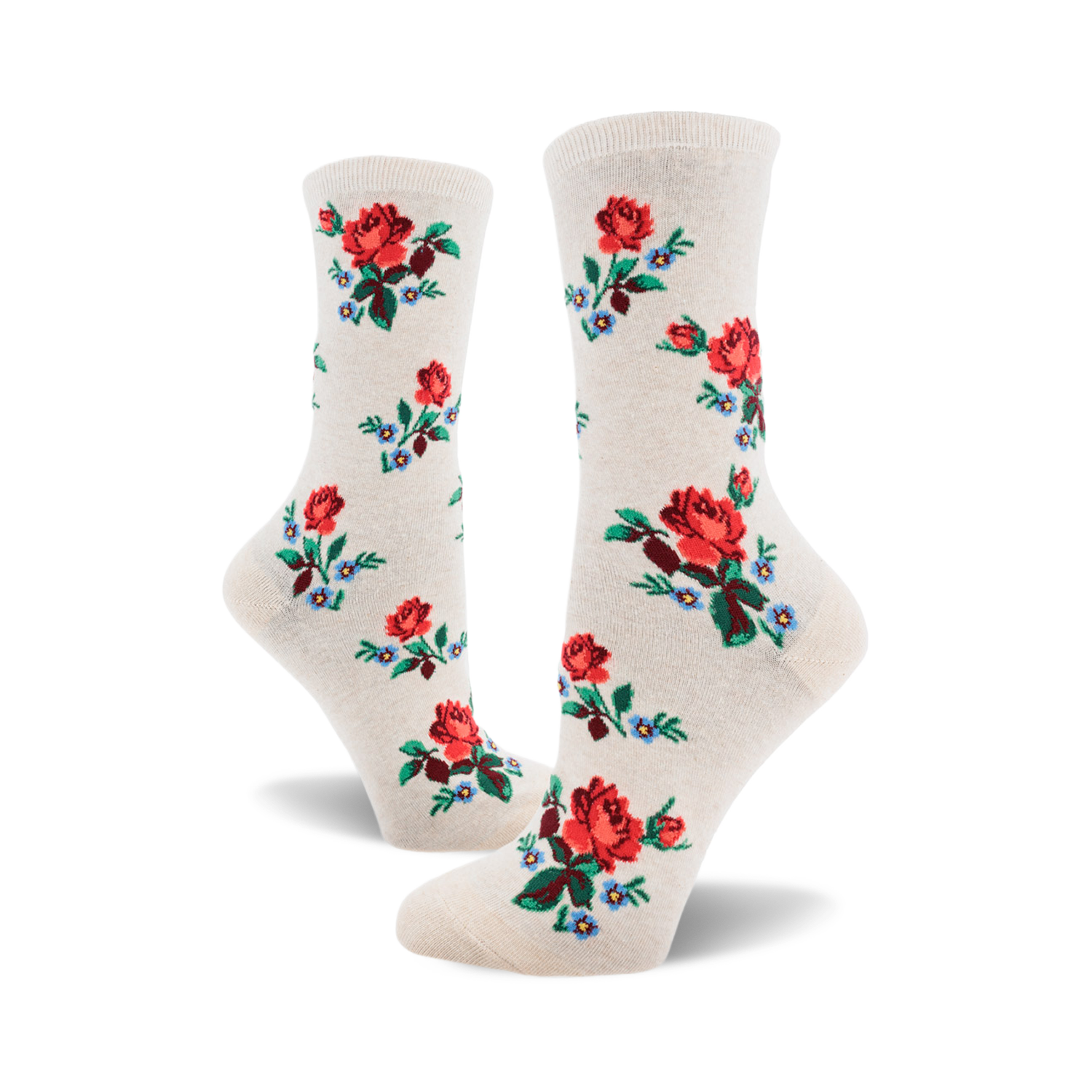 Cream crew socks with a repeating pattern of red roses, green leaves, and tiny blue flowers.
