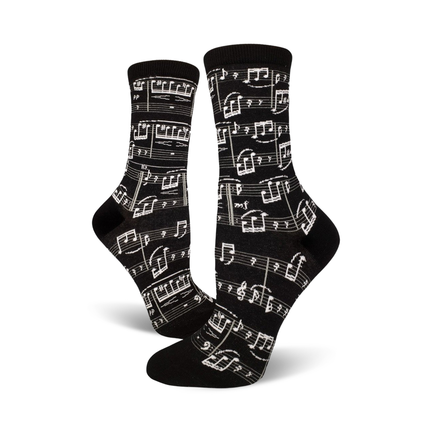 Pair of black crew socks with a musical notation print.  Clean, crisp white notes and musical symbols on a black background.