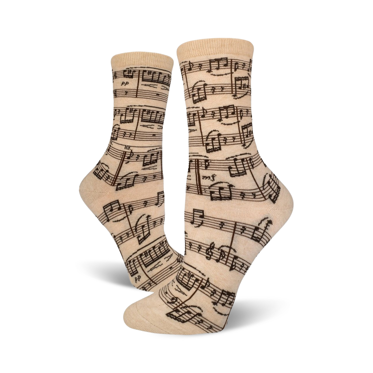 Close-up of beige crew socks with a musical notation print.  Dark brown notes on a beige background.