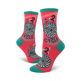 pink and teal women's crew socks with committed...cycle therapy in teal and black and a bicycle image   