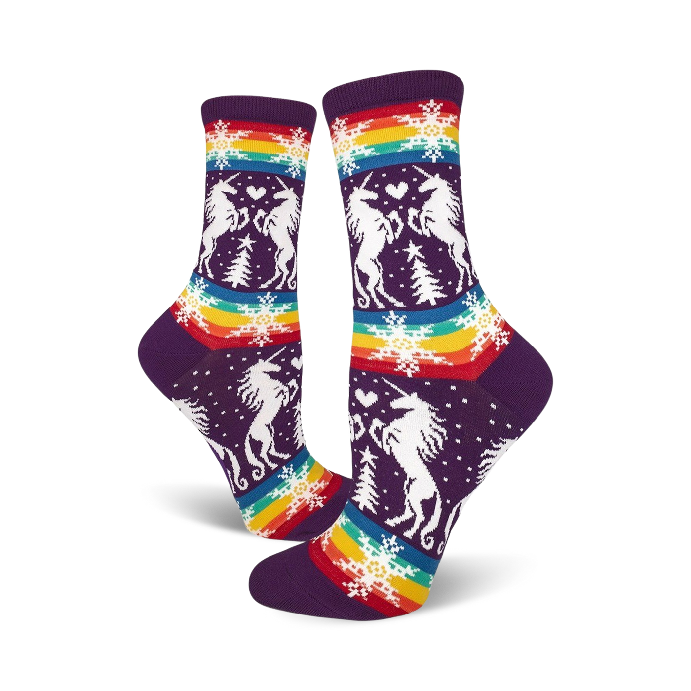 Crew socks in purple with white unicorns, rainbow stripes, snowflakes, and small pine trees. Fun and festive!