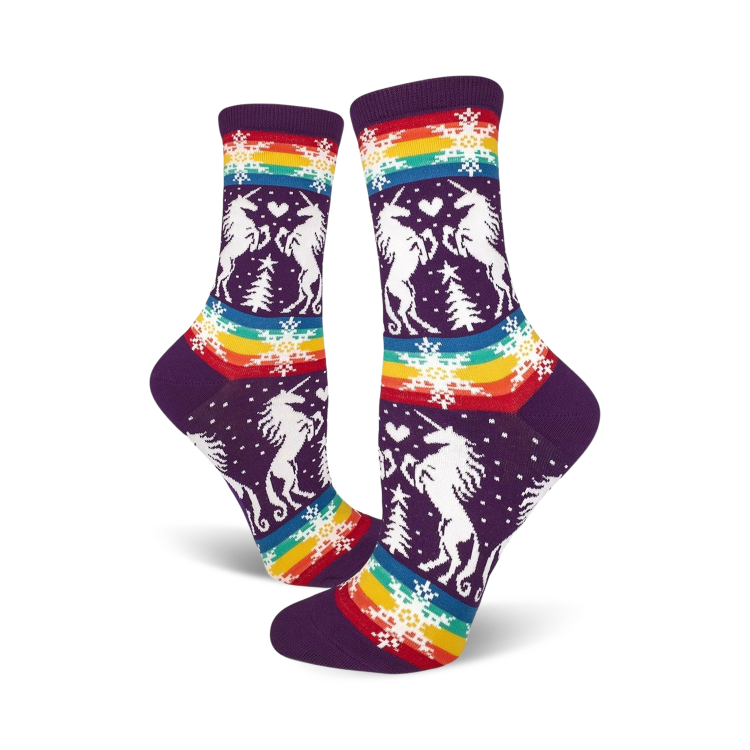 Crew socks in purple with white unicorns, rainbow stripes, snowflakes, and small pine trees. Fun and festive!