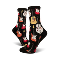 Pair of black crew socks with colorful guitar designs.  Red, orange, white, and yellow guitars are printed on a black background.