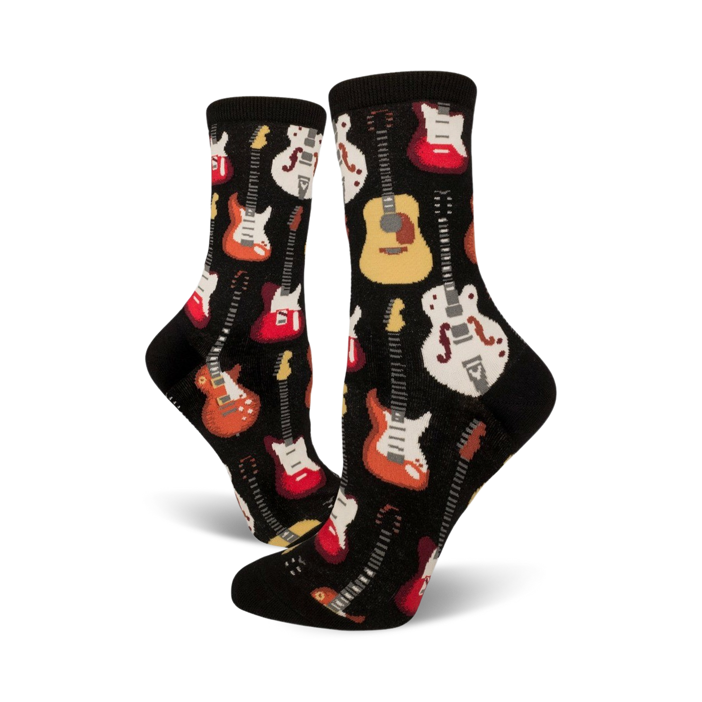 Pair of black crew socks with colorful guitar designs.  Red, orange, white, and yellow guitars are printed on a black background.