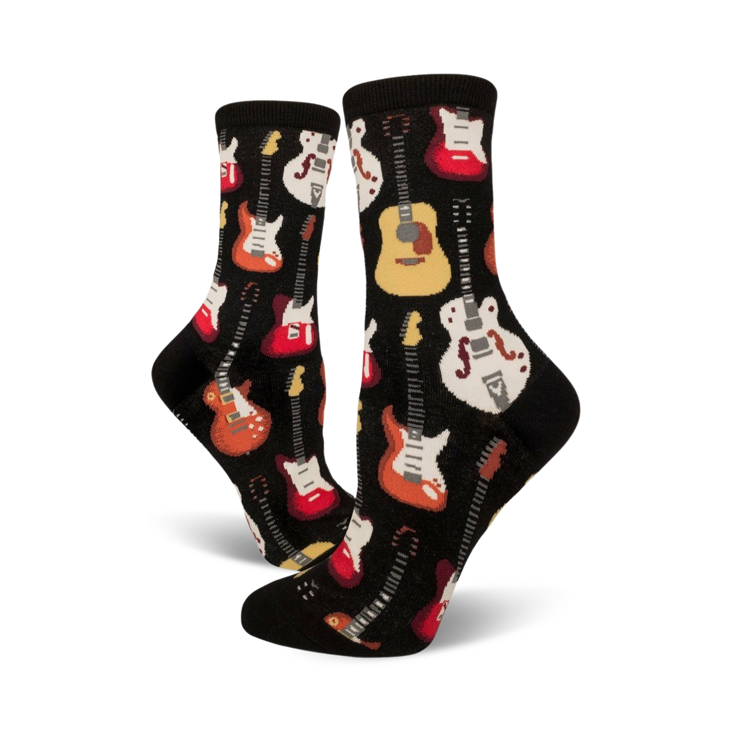 Pair of black crew socks with colorful guitar designs.  Red, orange, white, and yellow guitars are printed on a black background.