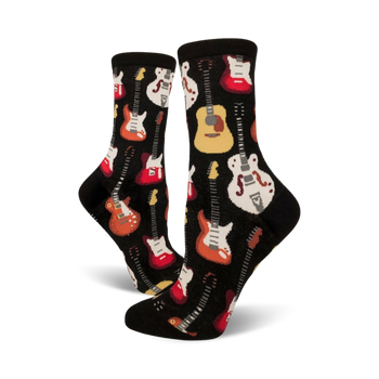 black crew socks with colorful electric, acoustic, and bass guitar patterns.   