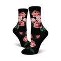 Pair of black crew socks with a pink rose pattern.  The roses are a blush pink with green leaves against a black background.