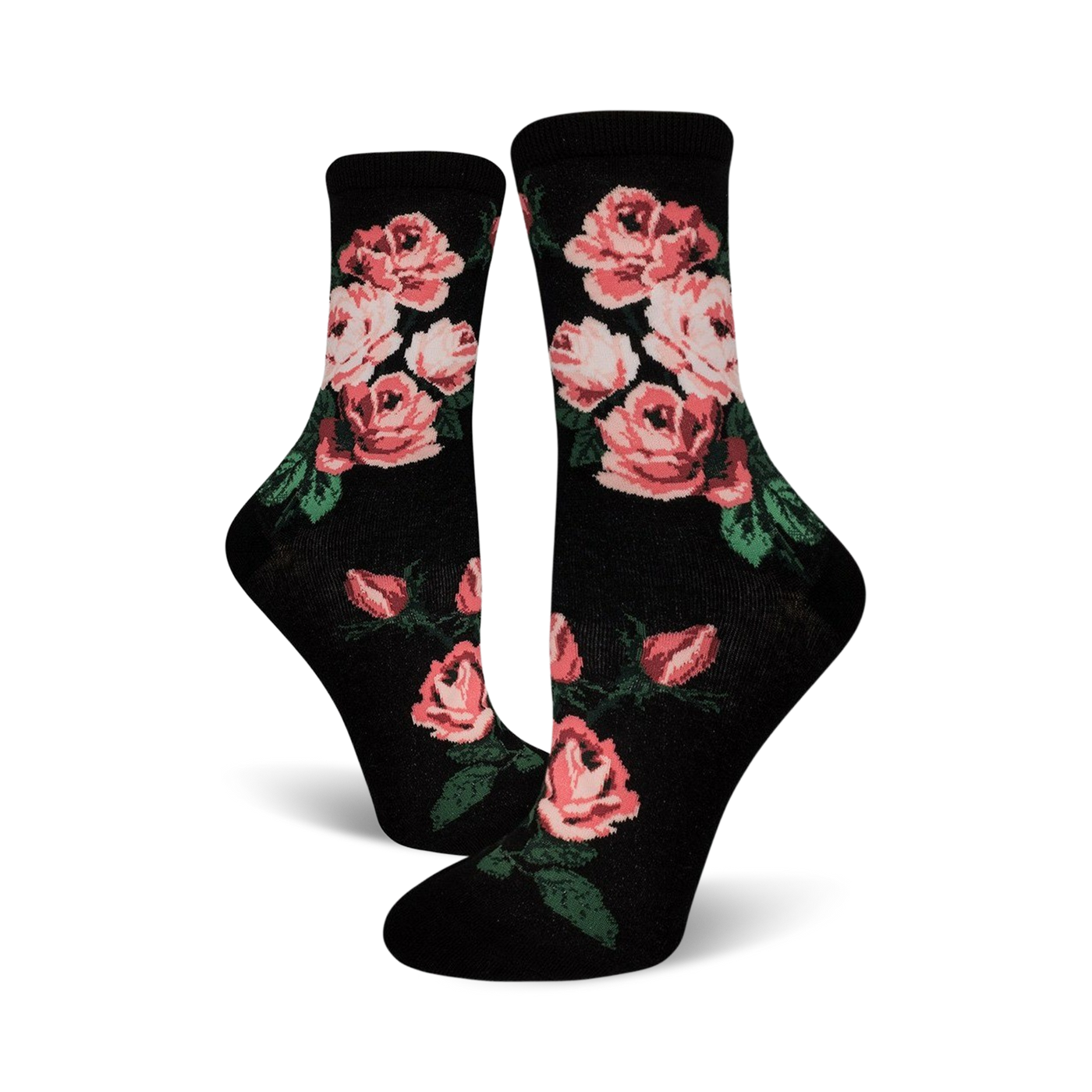 Pair of black crew socks with a pink rose pattern.  The roses are a blush pink with green leaves against a black background.
