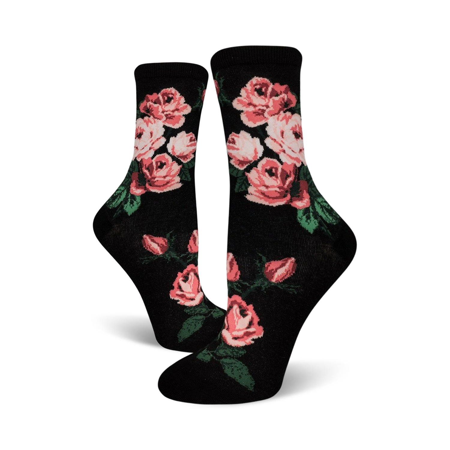 Pair of black crew socks with a pink rose pattern.  The roses are a blush pink with green leaves against a black background.