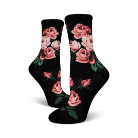 romantic rose botanical themed womens black novelty crew socks