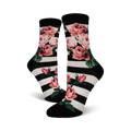 Close-up of Romantic Rose socks featuring a black and white striped background with pink roses.