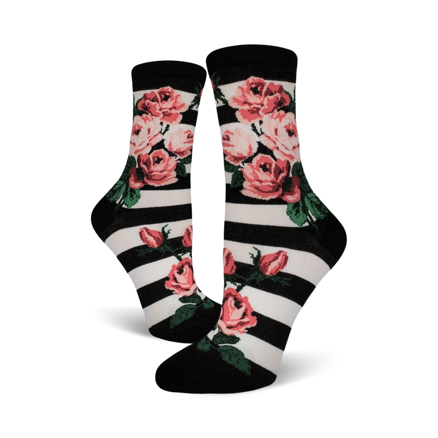 Close-up of Romantic Rose socks featuring a black and white striped background with pink roses.
