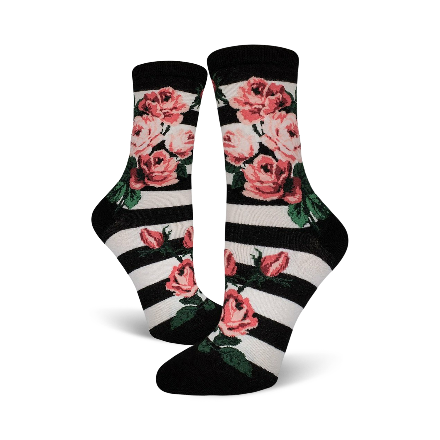 Close-up of Romantic Rose socks featuring a black and white striped background with pink roses.
