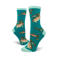 Crew socks in teal, adorned with a pattern of realistically illustrated trout and smaller fish in shades of brown, pink, and white.