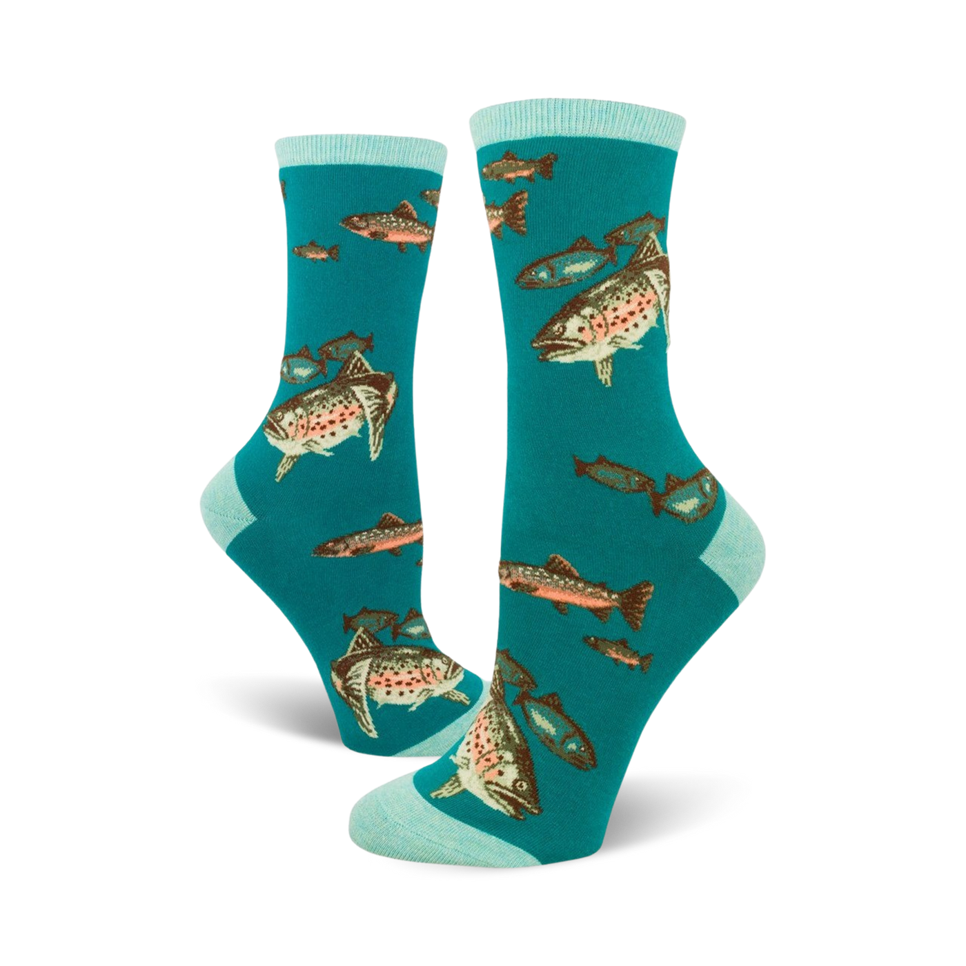 Crew socks in teal, adorned with a pattern of realistically illustrated trout and smaller fish in shades of brown, pink, and white.