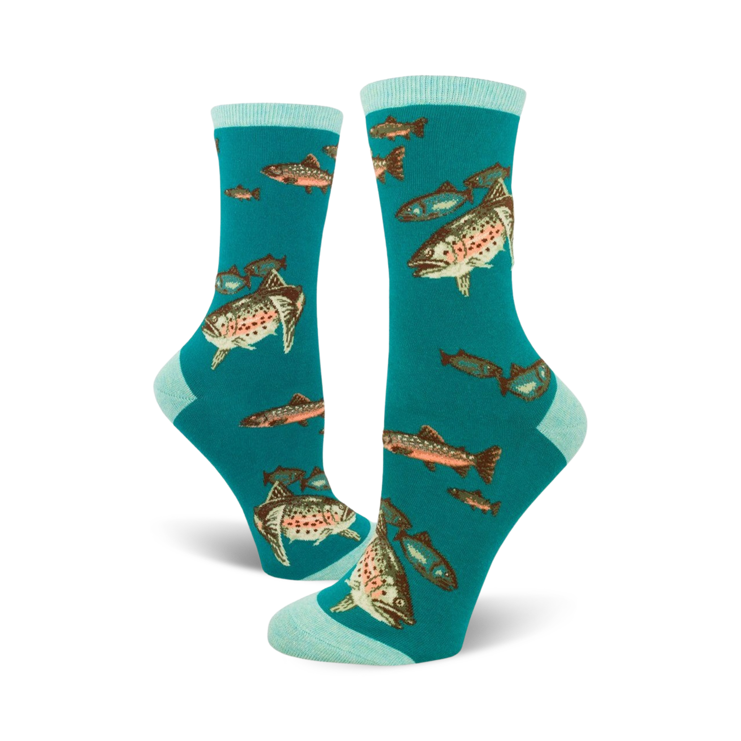 Crew socks in teal, adorned with a pattern of realistically illustrated trout and smaller fish in shades of brown, pink, and white.