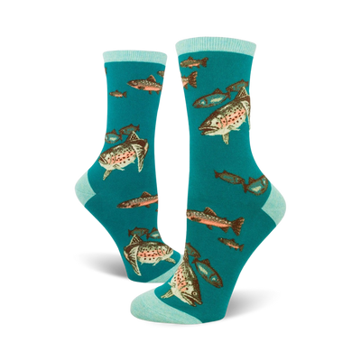 trout fishing themed women's brown & orange crew socks, outdoor activity.  