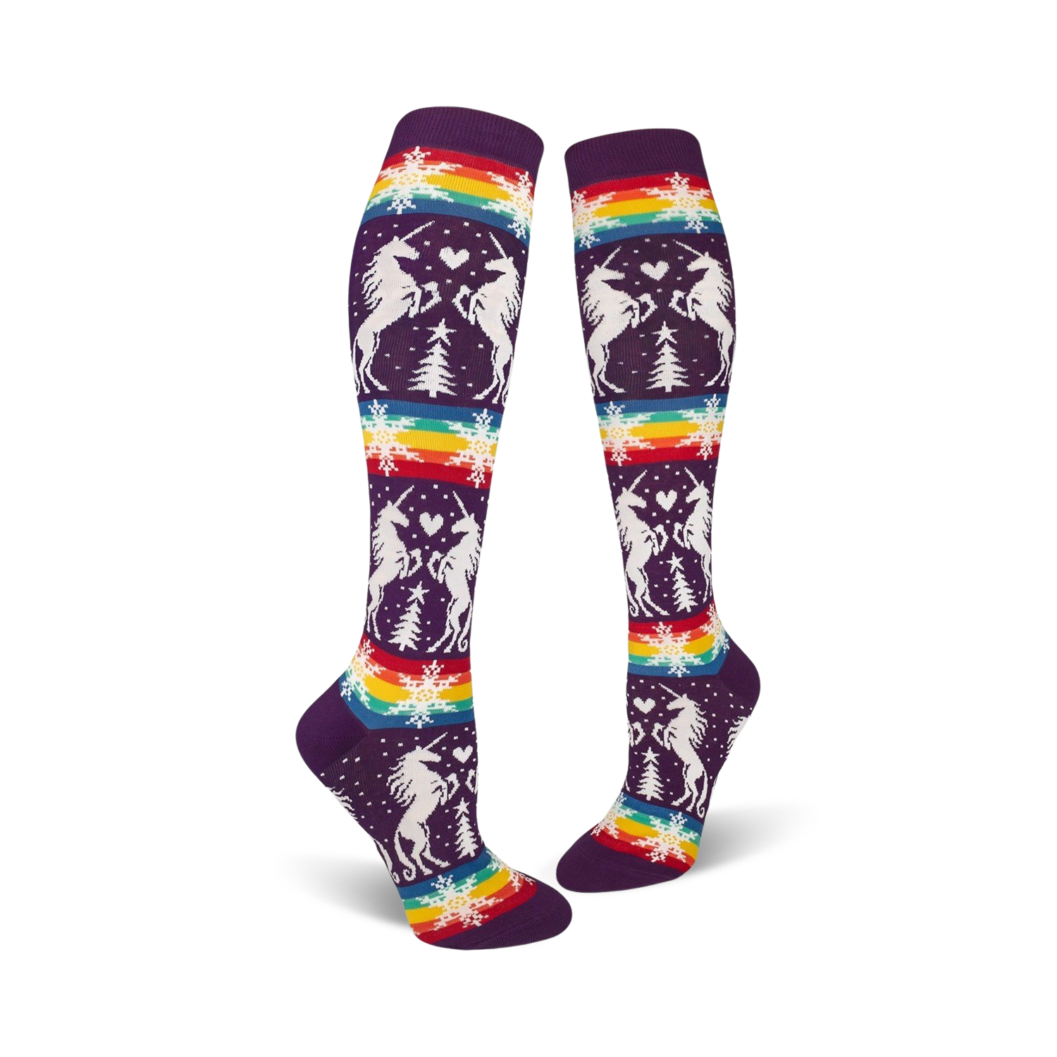 Pair of purple knee-high socks with a whimsical design featuring white unicorns, snowflakes, rainbow stripes, and small pine trees.