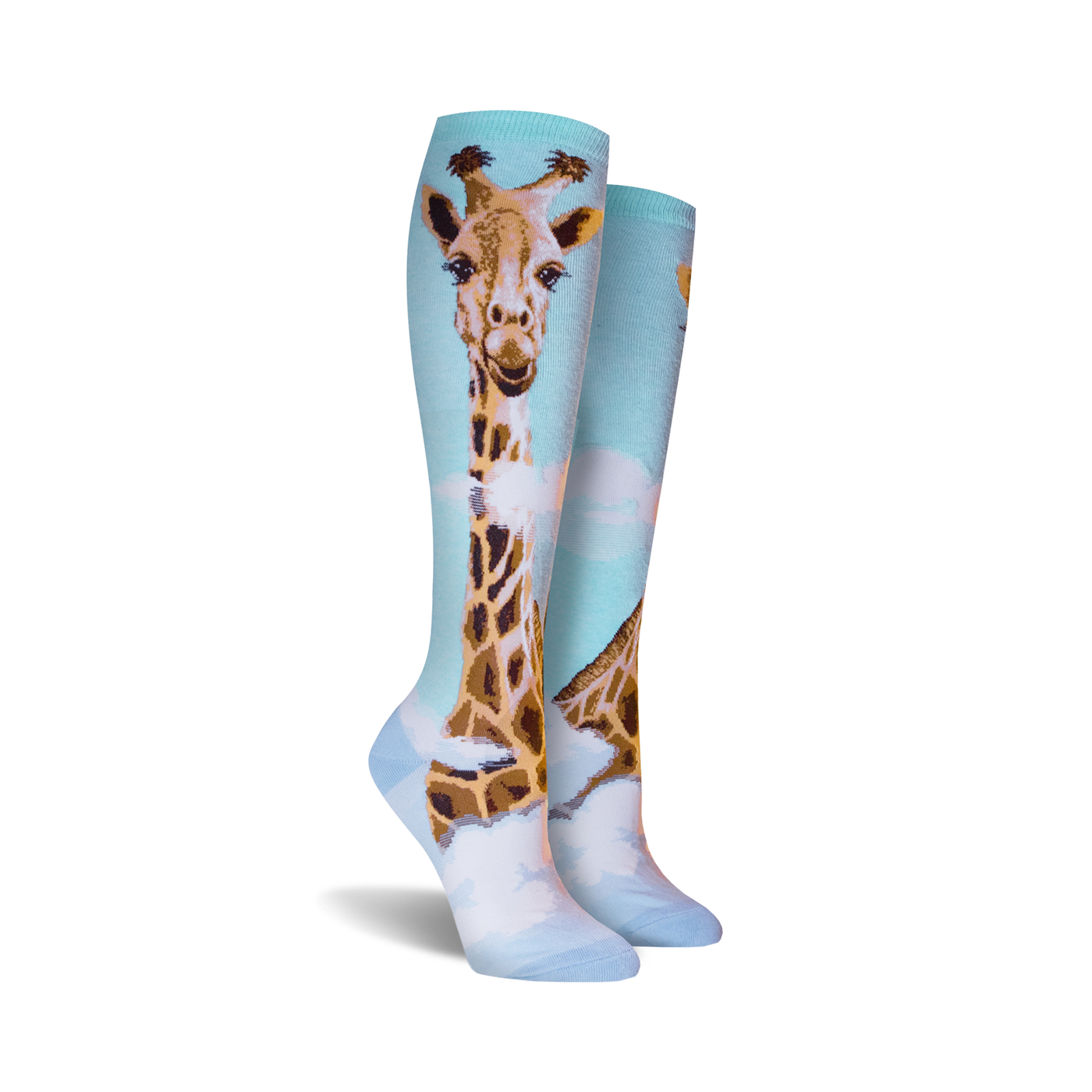 Close-up shot of the giraffe knee-high socks, highlighting the detail of the giraffe's face and pattern.