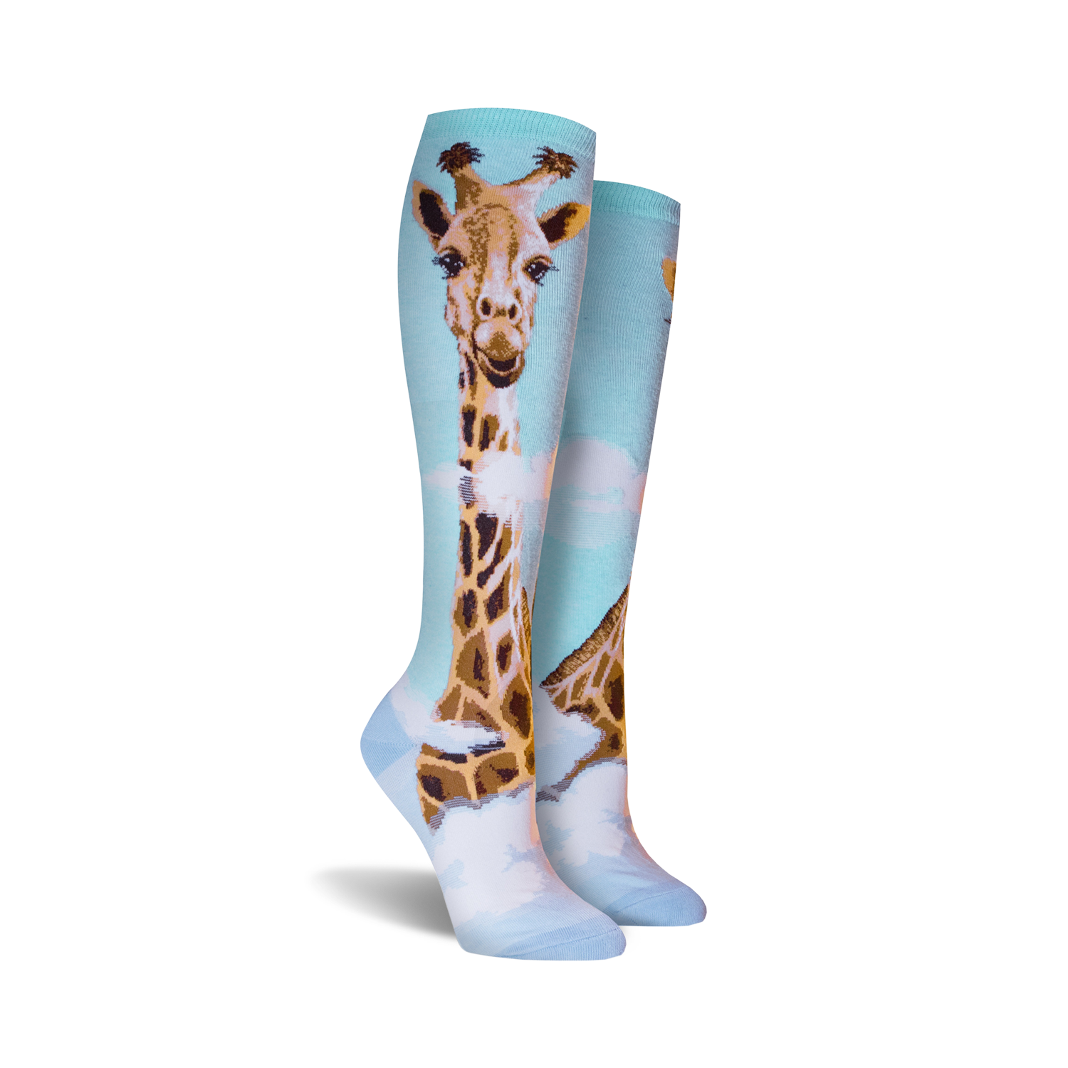 Close-up shot of the giraffe knee-high socks, highlighting the detail of the giraffe's face and pattern.