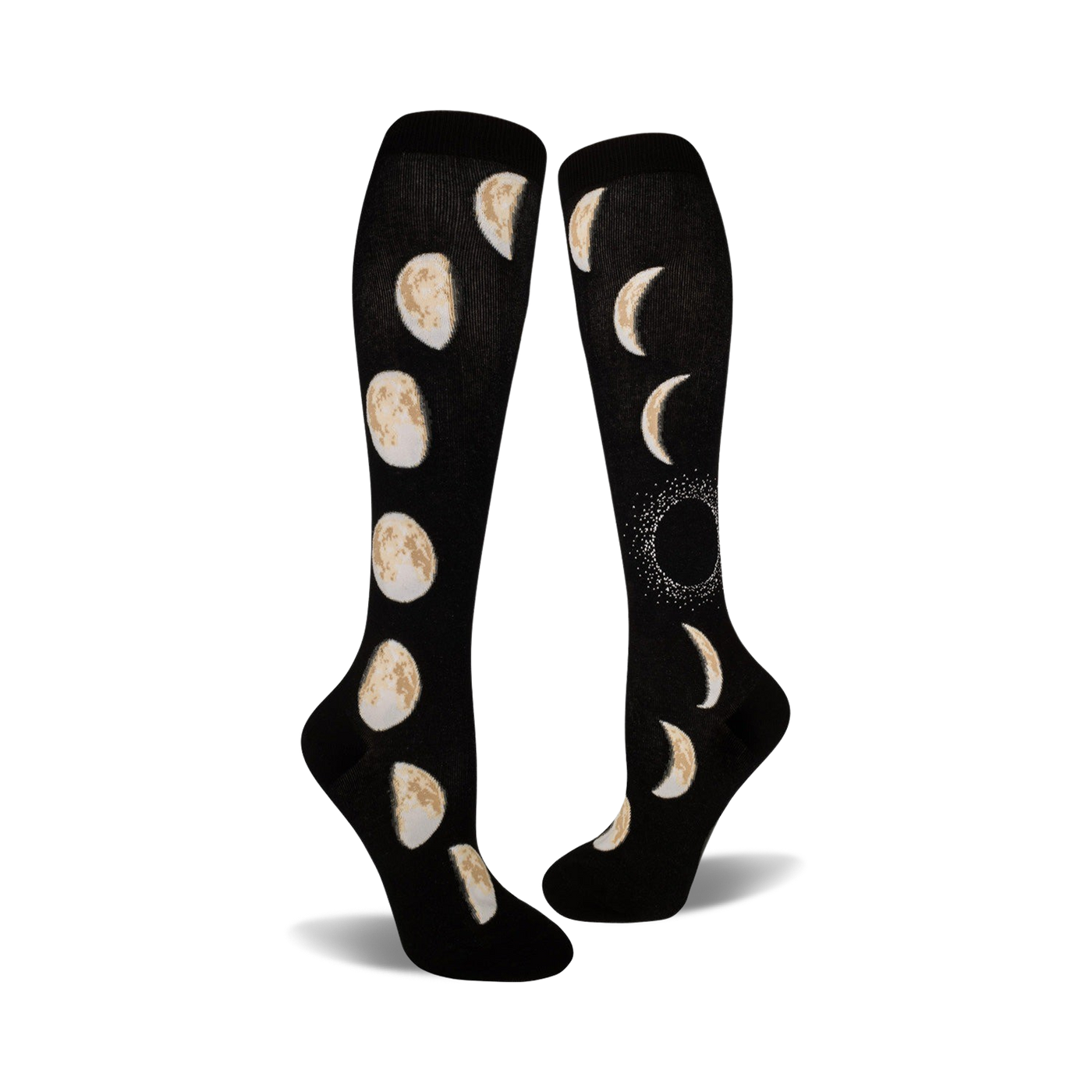 Pair of black knee-high socks showcasing the eight phases of the moon in beige/off-white. 