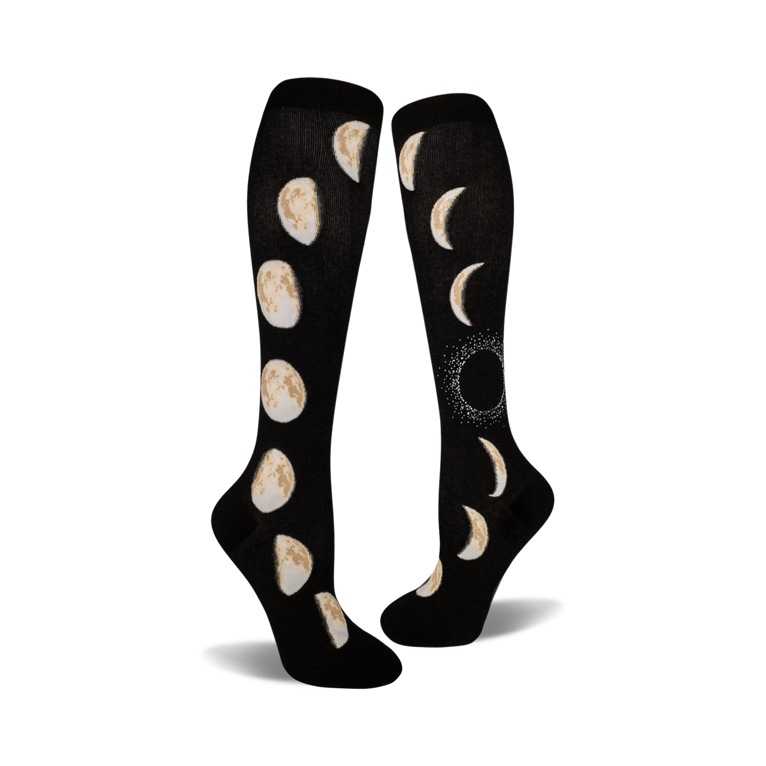 Pair of black knee-high socks showcasing the eight phases of the moon in beige/off-white. 