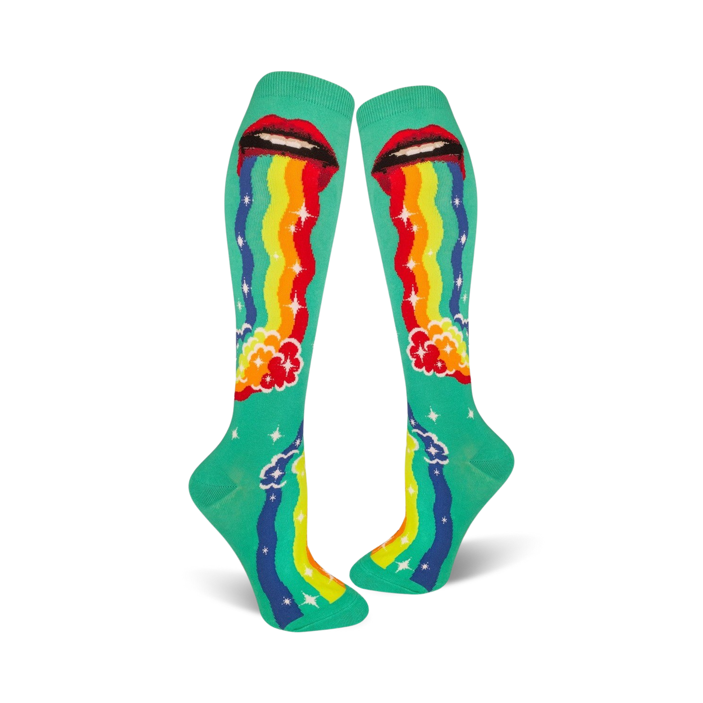 A pair of teal knee-high socks with a whimsical design. Red lips 'puke' a rainbow onto teal clouds and stars.