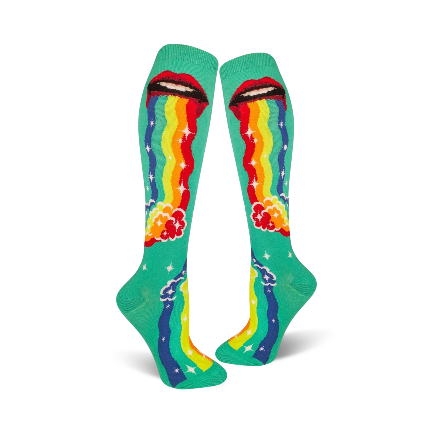 A pair of teal knee-high socks with a whimsical design. Red lips 'puke' a rainbow onto teal clouds and stars.