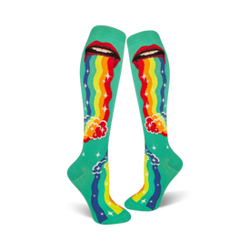 green knee-high socks for women featuring a pattern of red lips vomiting rainbows.  