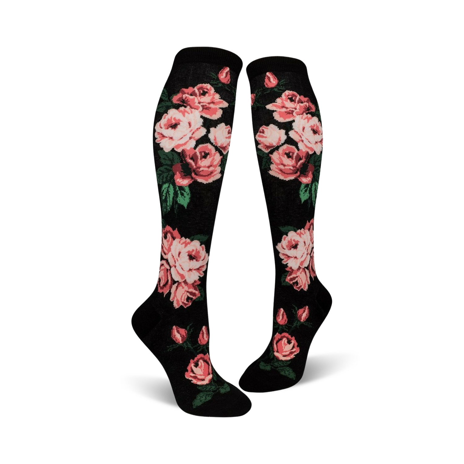 Pair of women's knee-high socks. Black background with pink roses and green leaves. One pair features black and white stripes.
