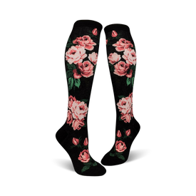 romantic rose botanical themed womens black novelty knee high socks