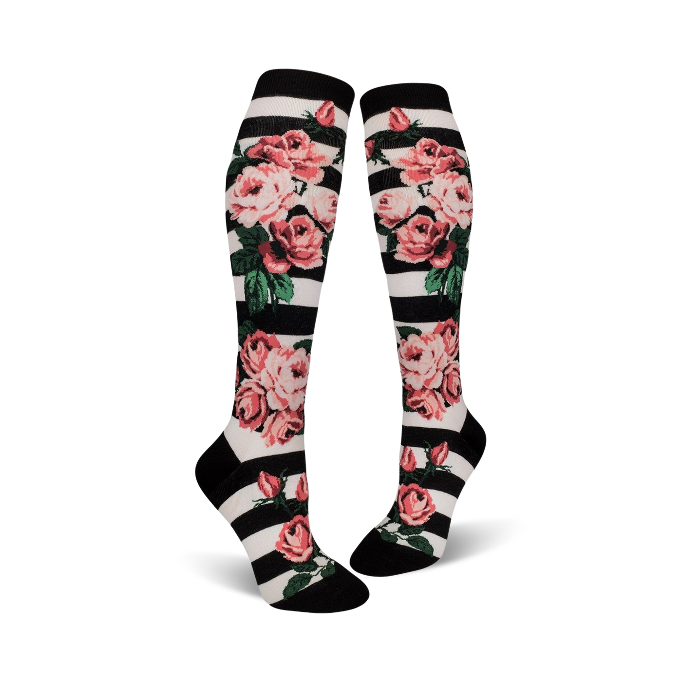 Close-up of Romantic Rose knee-high socks on a black and white striped background, showcasing the floral details.