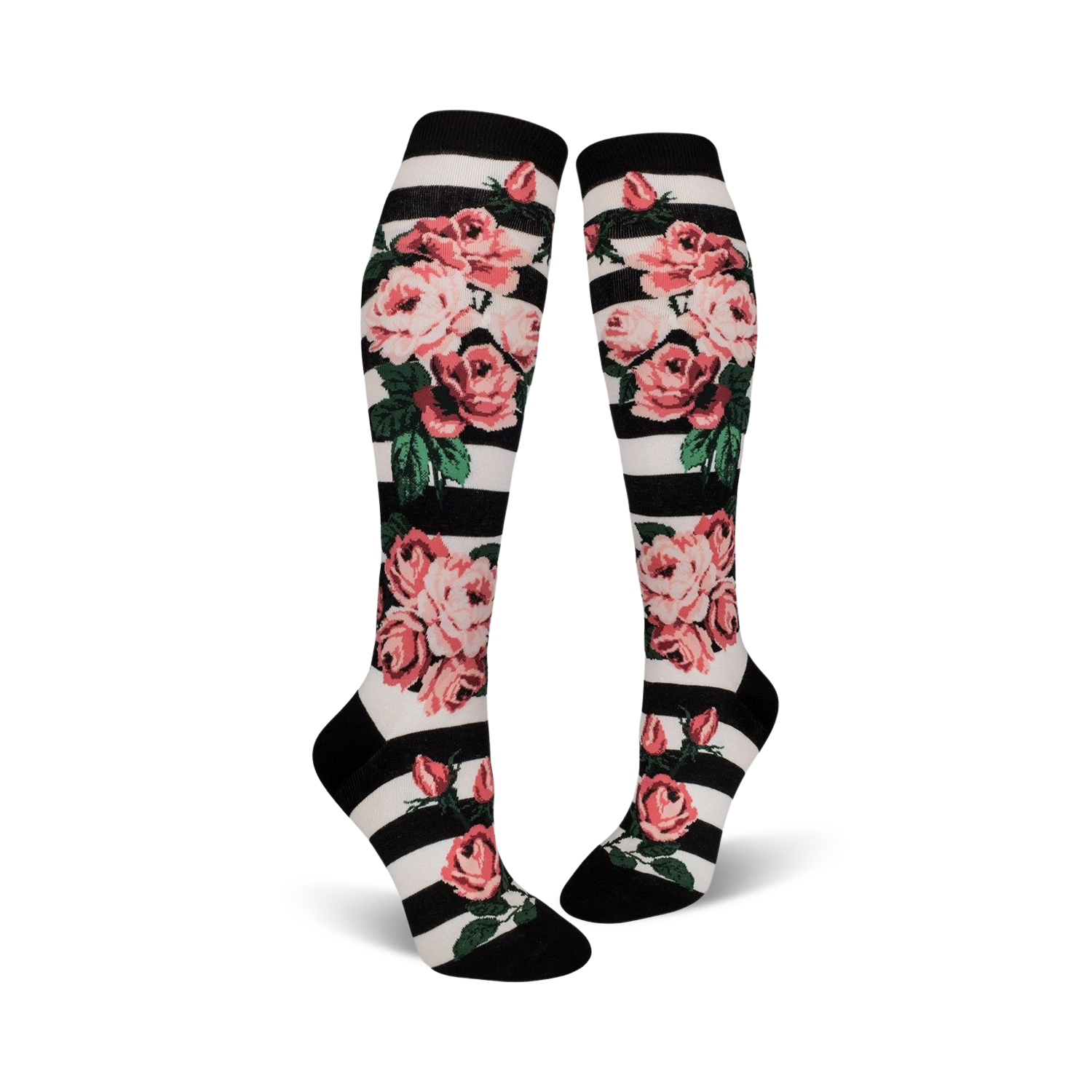 Close-up of Romantic Rose knee-high socks on a black and white striped background, showcasing the floral details.