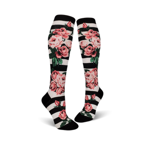 pink rose pattern with black stripes on white background. knee-high socks for women. botanical theme.  