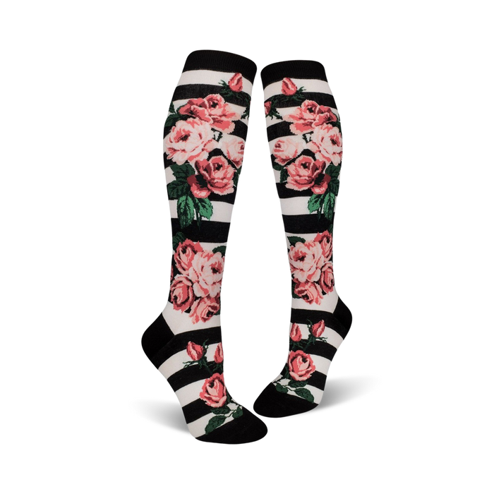 pink rose pattern with black stripes on white background. knee-high socks for women. botanical theme.  