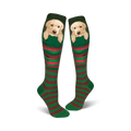 Pair of green and red striped knee-high socks featuring a cute Labrador puppy peeking from the top.