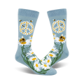 A pair of light blue crew socks with a peace symbol made of daisies, busy bees, and green stems.  A whimsical and nature-inspired design.