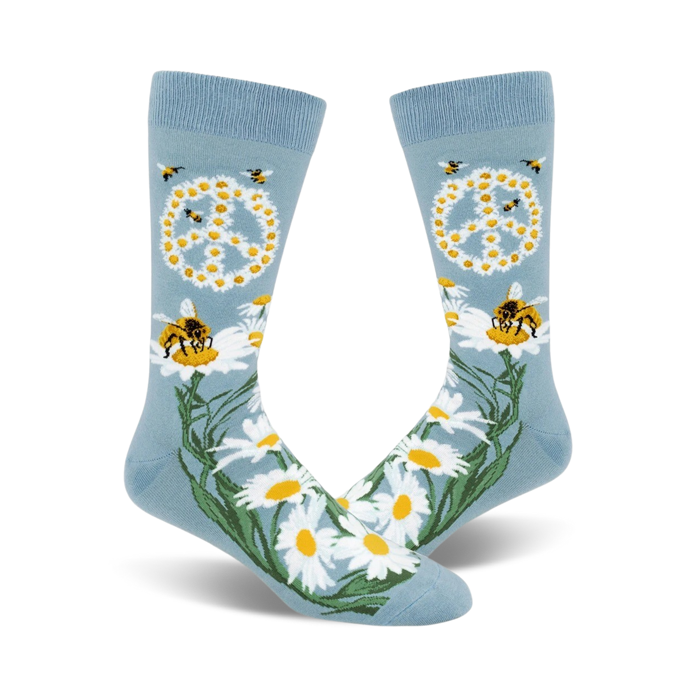 A pair of light blue crew socks with a peace symbol made of daisies, busy bees, and green stems.  A whimsical and nature-inspired design.