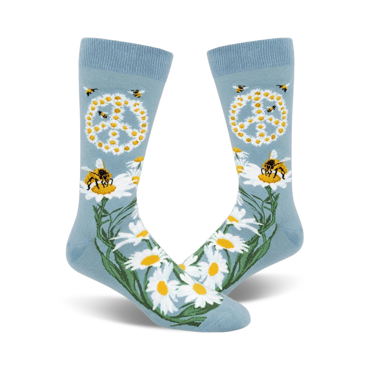 A pair of light blue crew socks with a peace symbol made of daisies, busy bees, and green stems.  A whimsical and nature-inspired design.