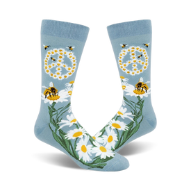 mens crew socks with a pattern of bees, flowers, and peace signs on a blue background.  